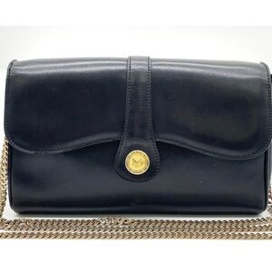 Authentic Celine Carriage Logo Black Leather Crossbody Bag with Gold Chain